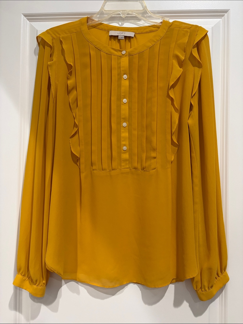 LOFT Mustard Yellow Pintuck Ruffle Blouse Romantic Boho Fall, Large